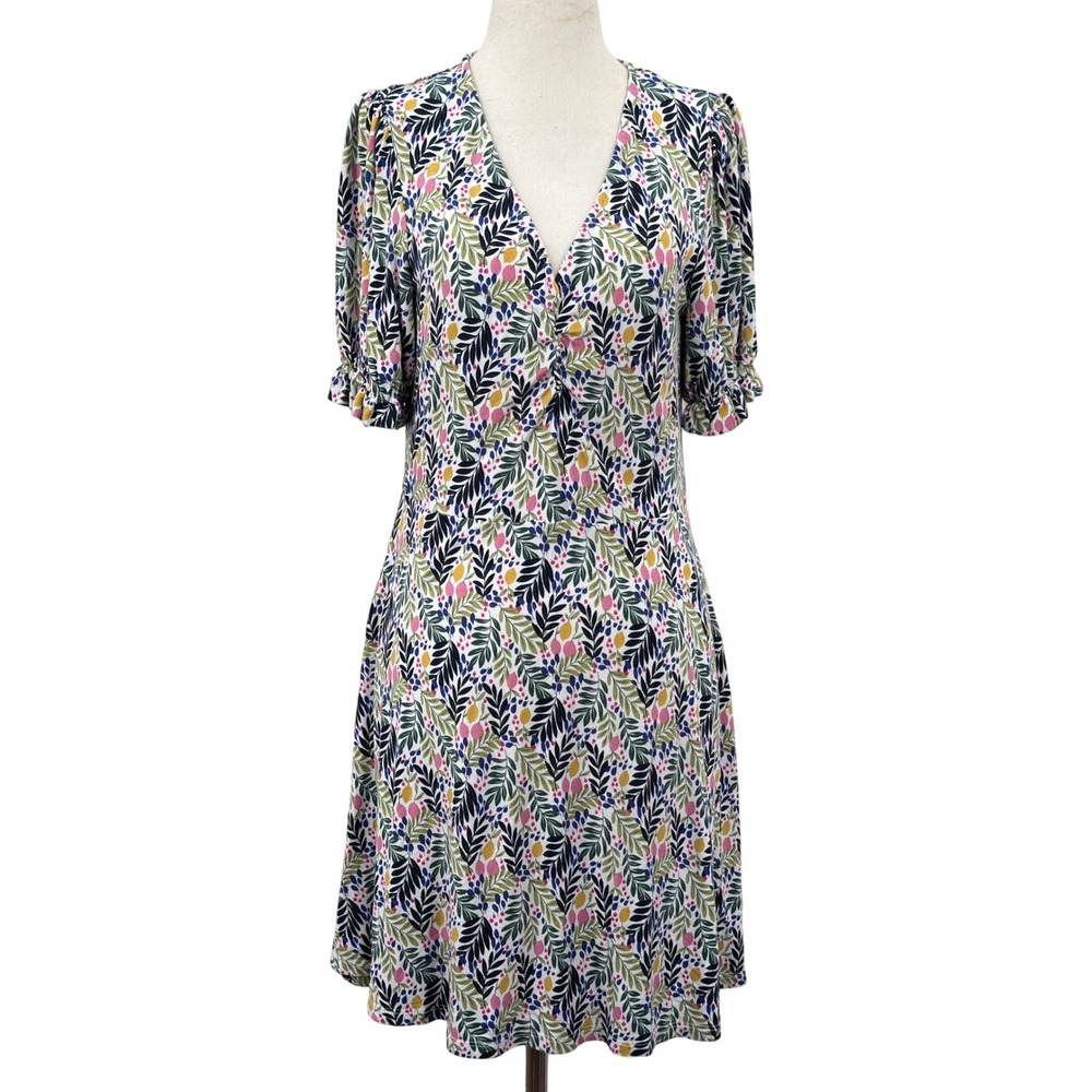 Boden Womens Lemon Floral Mini Dress 8P V-Neck Puff Sleeve Pockets Jersey Summer